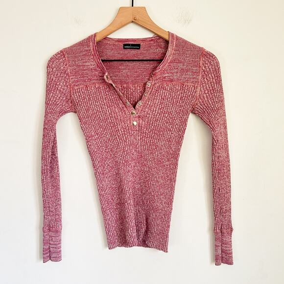 Moda International Quarter Snap Button Ribbed Marled Long Sleeve Top Pink - Picture 1 of 7